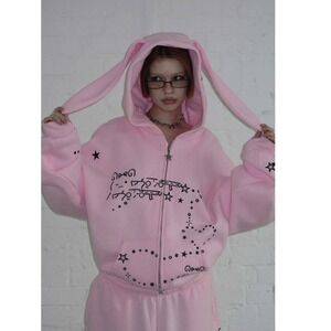 Named Collective Baby Pink Embroidered Malfunction Bunny Zip Hoodie Size S/M NWT